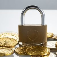 A closeup shot of a padlock and golden coins on a white surface - Saving Money